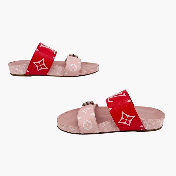 Louis Vuitton Bom Dia Slide Sandals Pink Red Monogram Canvas Size 38 US 8 Women - Picture 10 of 15